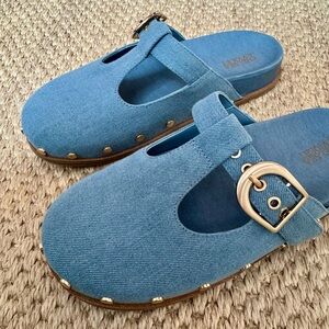 Denim Studded Mule Clogs with Gold Buckle